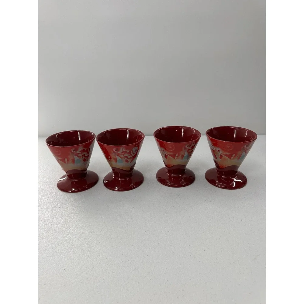 Frangelico Liqueur Mugs Set 4 Linda Spivey 1999 Burgundy Red Pedestal Coffee Cup